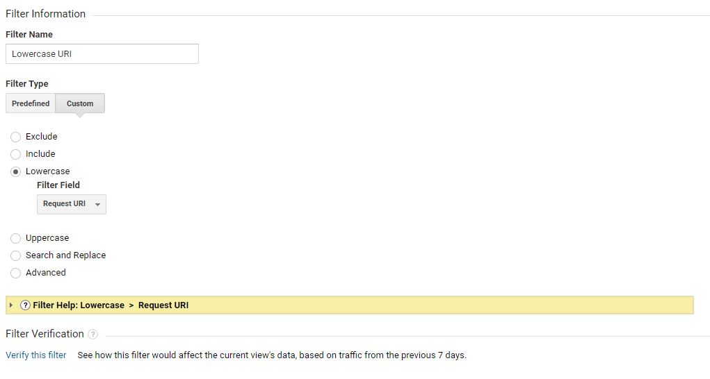 google analytics filter for lowercase uri