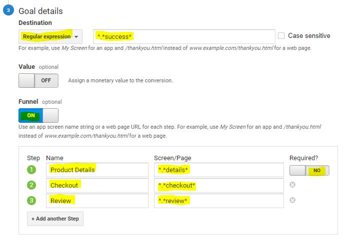 google analytics goal step 3 funnel